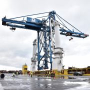 Crane lashed to ship deck embarks from Port of Bilbao bound for the Caribbean