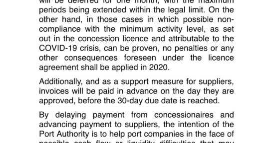 The Port Authority of Bilbao approves a package of financial measures for concessionaires and port suppliers in relation to the COVID-19 crisis