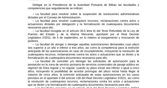 Resolución sobre delegación en la Presidencia de la APB la competencia de resolución de expedientes sancionadores en materia de contaminación marina producida desde tierra