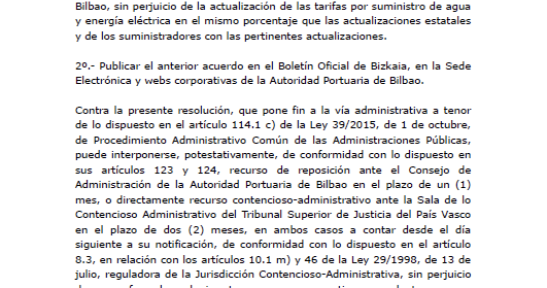 Resolución del Consejo de Administración de la Autoridad Portuaria de Bilbao sobre revisión de tarifas por servicios comerciales para el ejercicio 2025